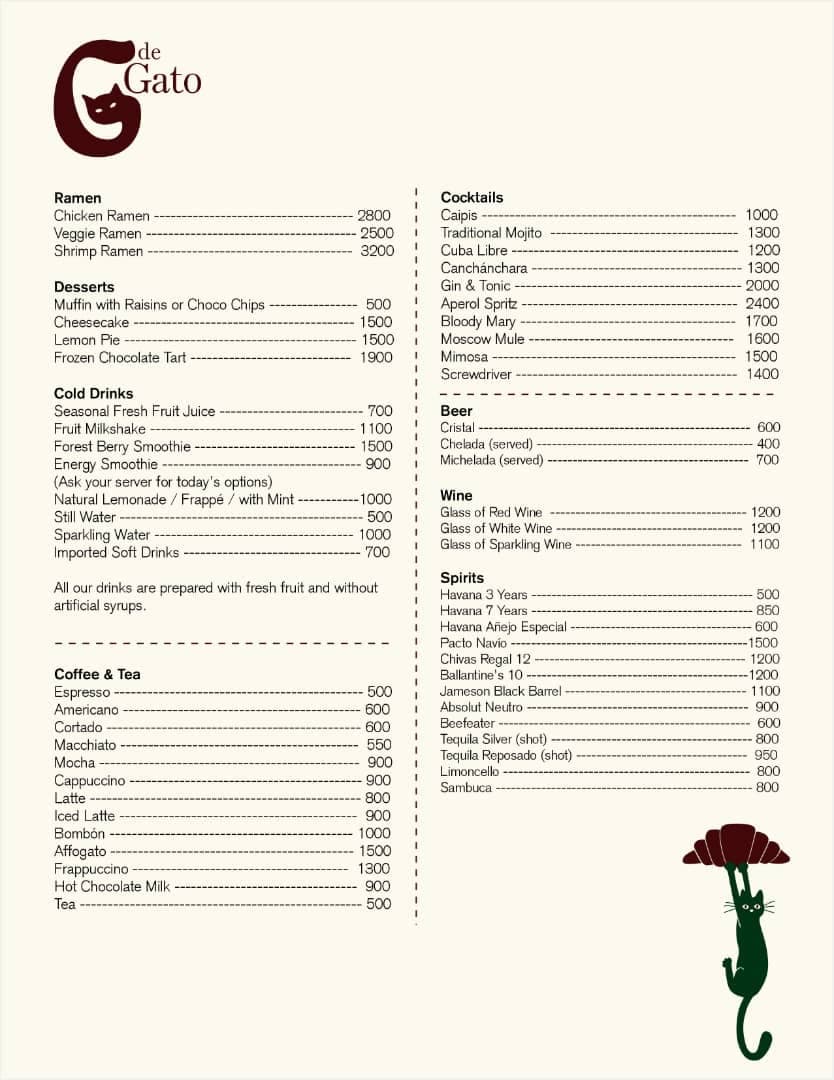 menu for g de gato